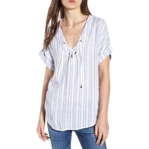 RAILS Jeri Holland Stripe Blue White Linen Blend Lace-Up Top Sz Small S